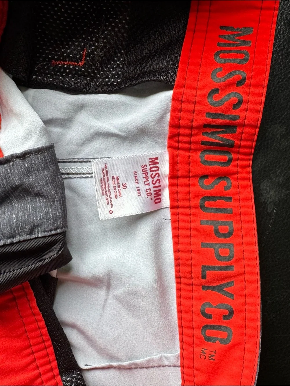 Mossimo Supply Co. Gray & White Striped Men's Swim Board Shorts with Red Accents